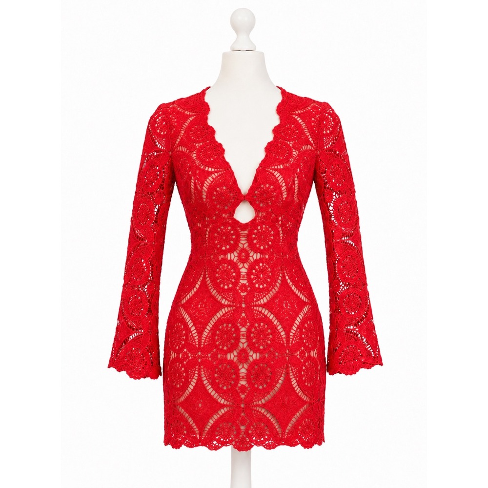 Love Triangle Lace Mini Dress Womens 6 Red V-Neck Bell Sleeve Boho Romantic Glam